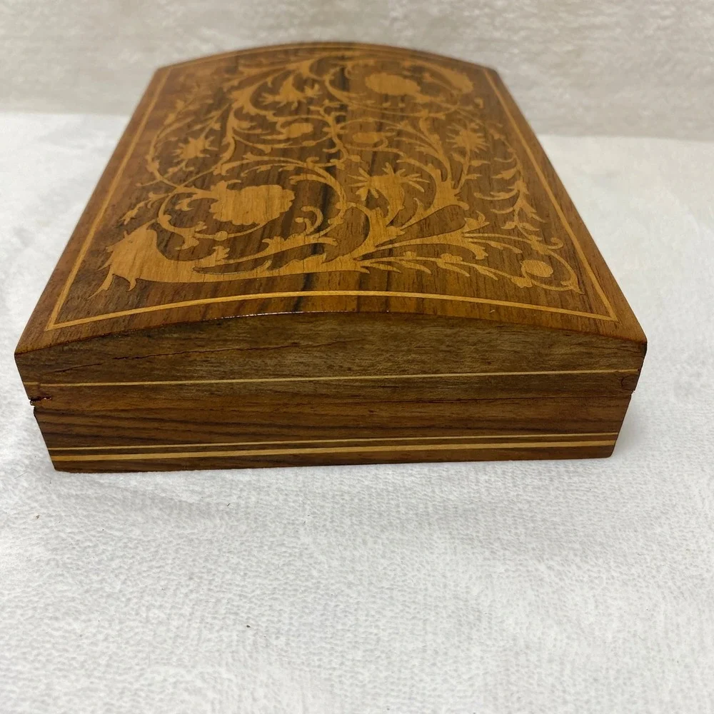 VTG Wooden Jewelry Trinket Box Intricate Floral Inlay Hinged Lidded Compartments